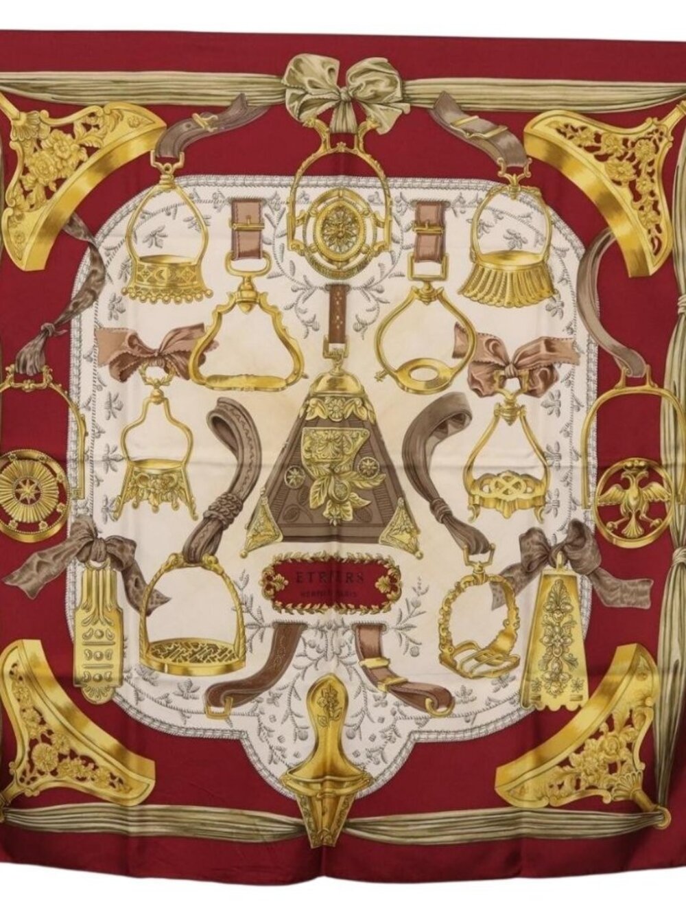 HERMES Carre 90 Scarf ""RETRIERS"" Silk Bordeaux Auth BA13192